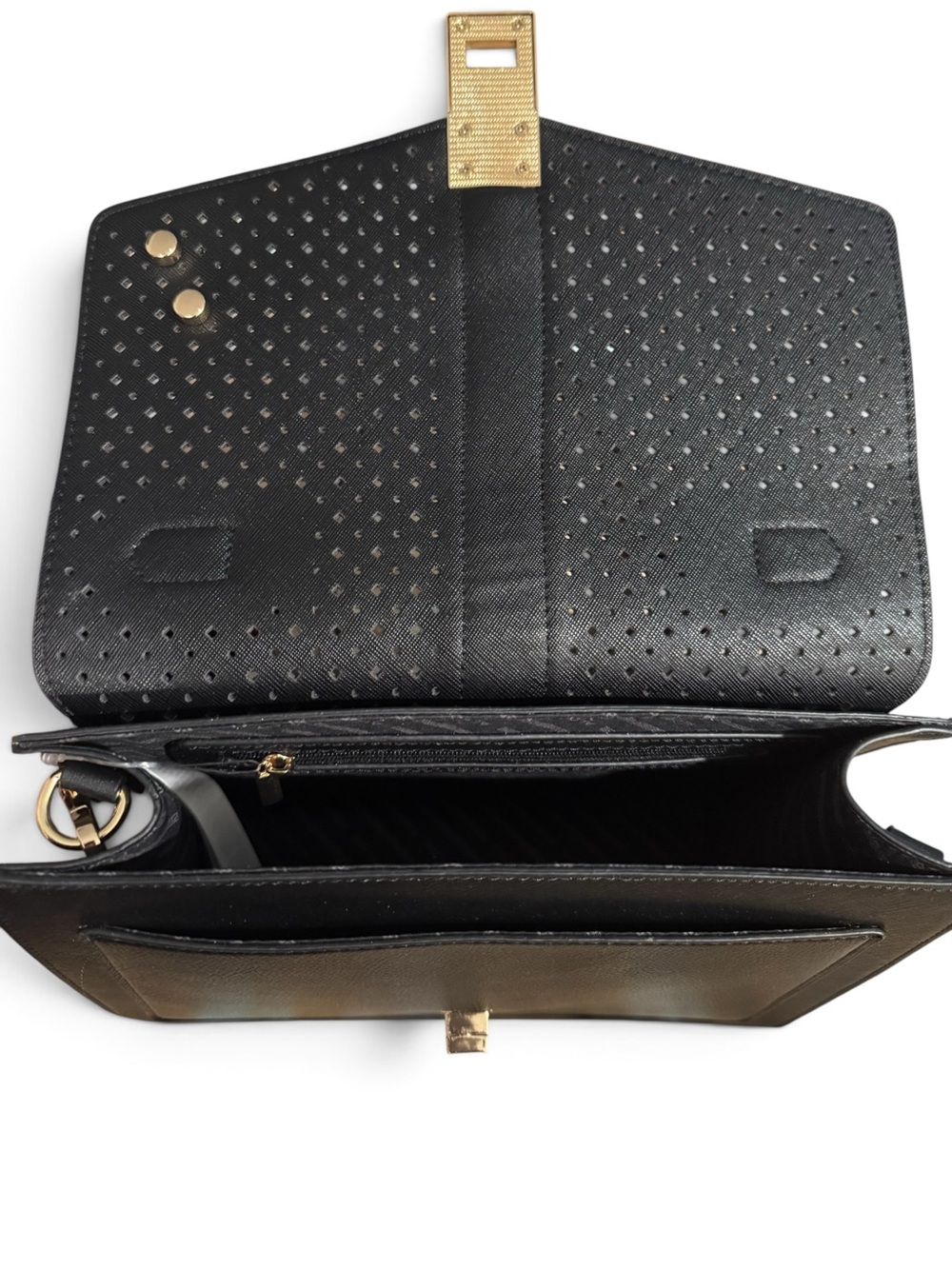 Aldo Black Perforated Top-Handle Crossbody with Gold Tone Chain Strap Hooks - Picture 4 of 8